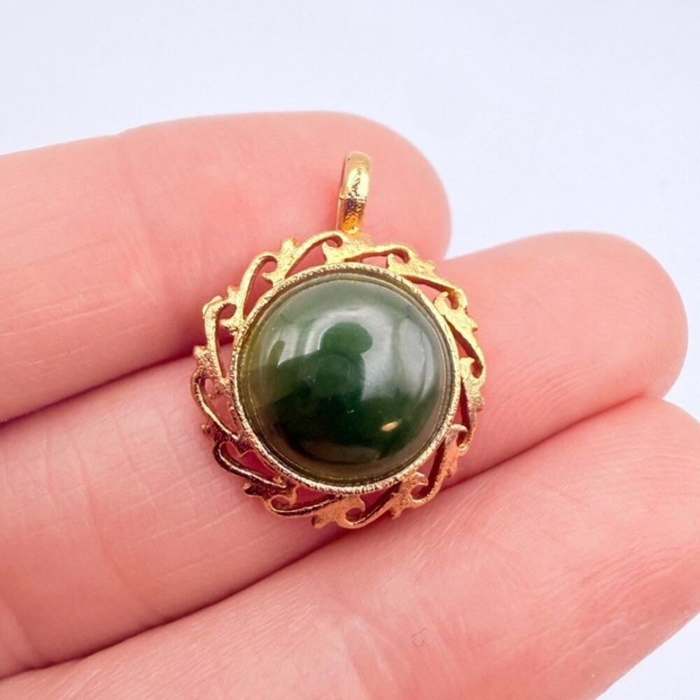 Vintage Mid Century 10K Gold Plated Jadeite Jade Round Filigree Pendant Small